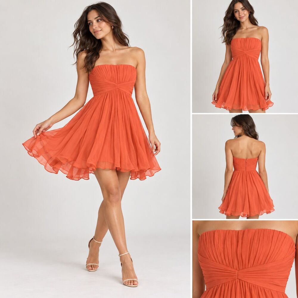 BCBGMAXAZRIA Duran Dress Silk 4 Melon Orange Strapless Ruched Cocktail $338